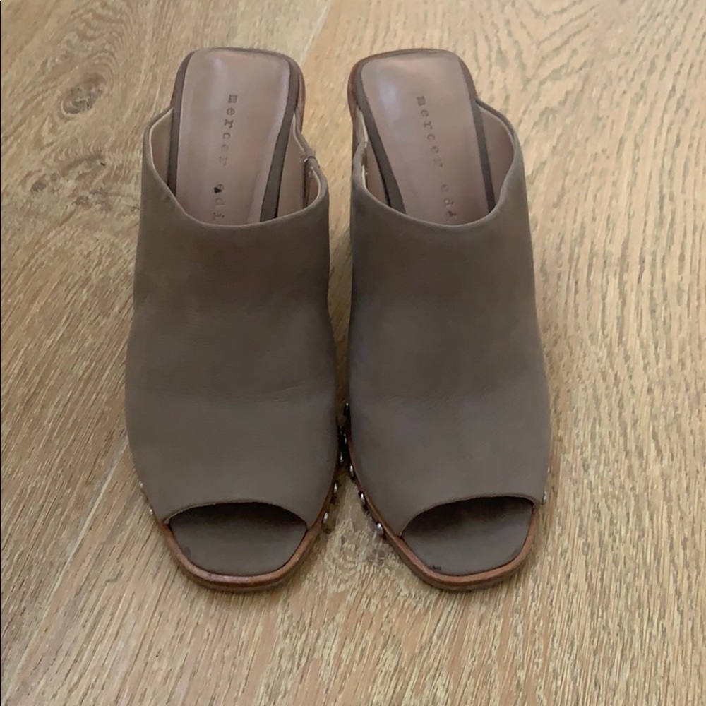 Gray open toe mule with heel and stud detail